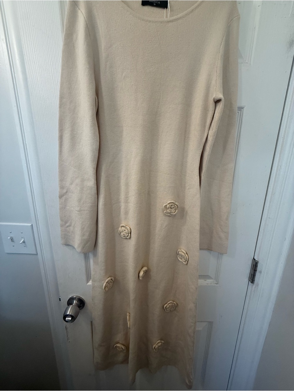 Women’s Zesica Cream Knit Long-Sleeve Dress with Rosette Details